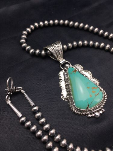 Men's Royston Turquoise Pendant | Sterling Silver Navajo Pearl Necklace | Authentic Native American Handmade | 2525