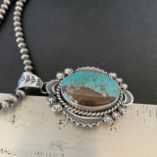 Men's Navajo Pearls Necklace | Sterling Silver | Blue #8 Turquoise Pendant | Authentic Native American Handmade | 10867
