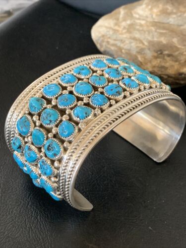 Sterling Silver Blue Kingman Turquoise Cuff Bracelet | 3 Row Stone | Authentic Native American Handmade | 12167