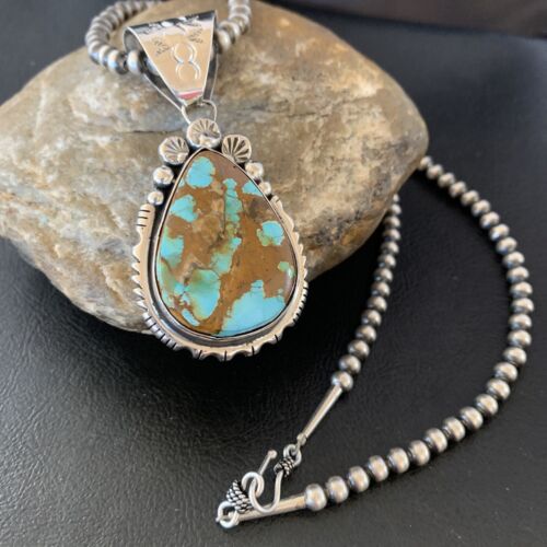 Navajo Pearls Necklace with Blue Royston Turquoise Pendant | Sterling Silver | Native American Handmade | 10764