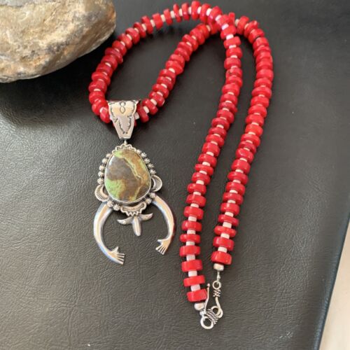 Navajo Green Gaspeite Naja Pendant with Red Coral | Sterling Silver | 23" Necklace | Authentic Native American Handmade | 11165