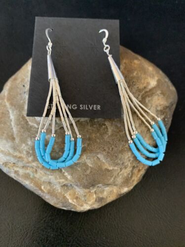 Handmade Liquid Silver Heishi Dangle Earrings | Blue Turquoise | Sterling Silver | 2" | 13049