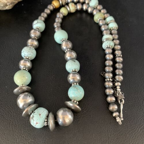 Dry Creek Turquoise Navajo Pearls Beaded Necklace | Sterling Silver | 25" | Authentic Native American Handmade | 14103 - Masha USA