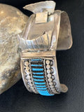 Authentic Native American Zuni Sterling Silver Watch Cuff Bracelet | Blue Turquoise Inlay Tips | 12332