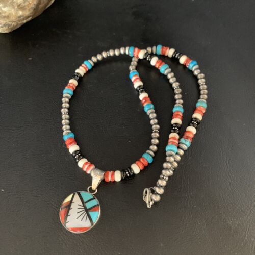 Zuni Multi-Color Turquoise Onyx Necklace | Sterling Silver Inlay Pendant | 13563