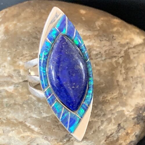 Southwestern Blue Lapis Opal Inlay Ring | Navajo Sterling Silver | Sz 10 | Authentic Native American Handmade | 12846