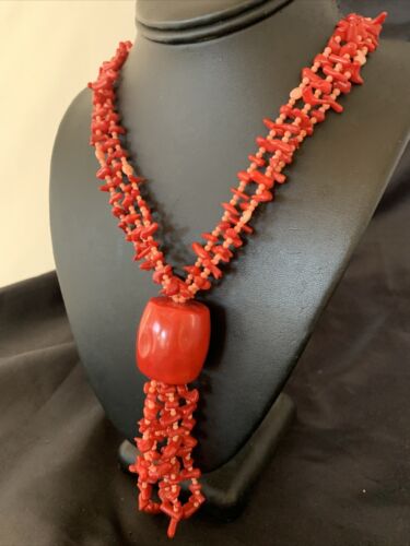Navajo Red Pink Coral Pendant Necklace | Stainless Steel | 30" | Authentic Native American Handmade | 11711