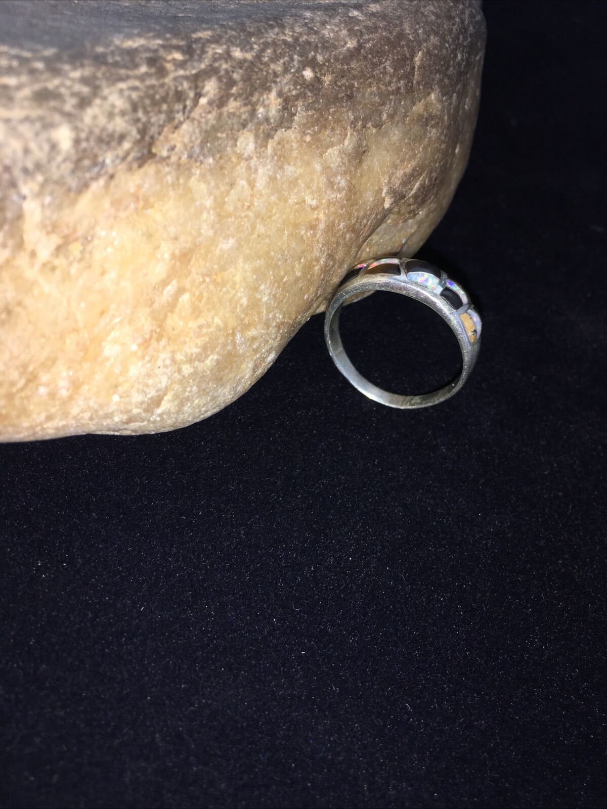 Navajo Men's White Opal & Black Onyx Inlay Ring | Sterling Silver | Sz 13.5 | Authentic Native American | 01789