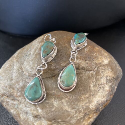 Navajo Royston Turquoise Dangle Earrings | Green Handmade | Sterling Silver | Authentic Native American | 1588