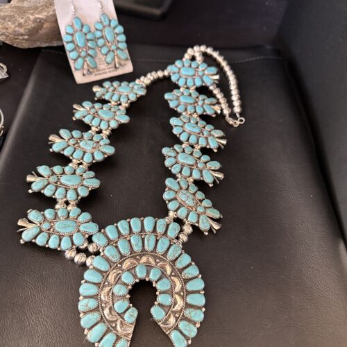 Navajo Blue Turquoise Squash Blossom Necklace & Earrings | Sterling Silver | Authentic Native American Handmade | 14483