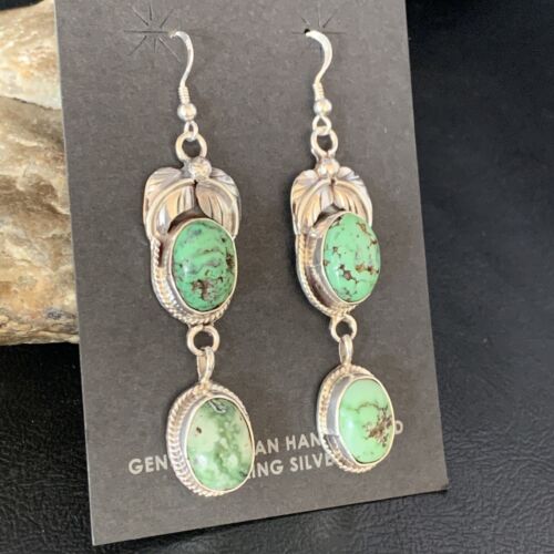 Navajo Green Spiderweb Turquoise Dangle Earrings | Sterling Silver | Authentic Native American Handmade | 13544