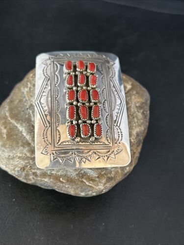 Navajo Red Coral Belt Buckle Concho | Sterling Silver | Authentic Native American Handmade | 14797