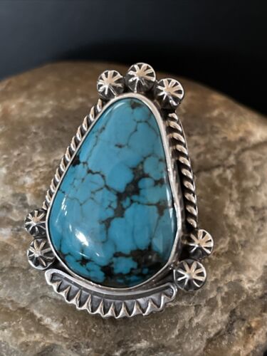 Navajo Blue Spiderweb Turquoise Ring | Sterling Silver | Sz 7.5 | Authentic Native American Handmade | 1068