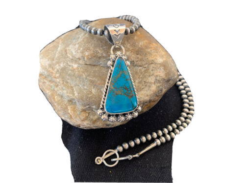 Navajo Pearls Sterling Silver Blue Spiderweb Turquoise Necklace Pendant | Men's Southwestern | 00861