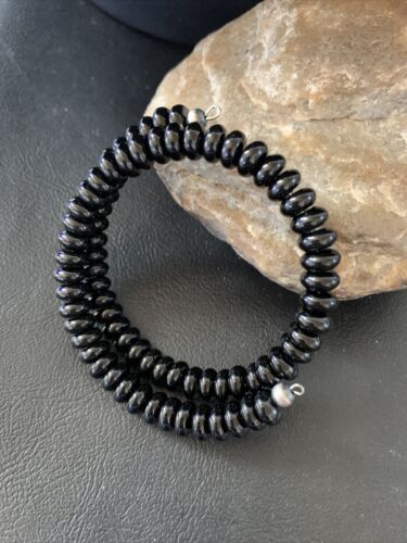 Memory Wire Stainless Steel Black Onyx Bead Bracelet | Sterling Silver | Native American Handmade | 01958