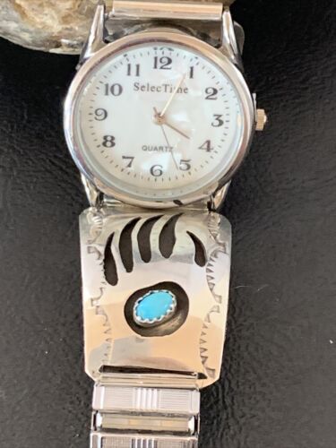 Men's Navajo Bear Paw Watch Tips | Sterling Silver & Blue Turquoise Band | Authentic Native American Jewelry | 11575