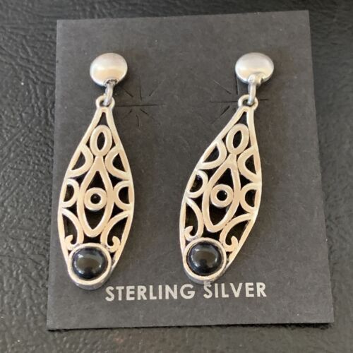 Navajo Black Onyx Drop Earrings | Sterling Silver | 1.25" | Authentic Native American Handmade | 12650