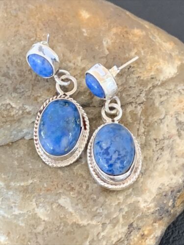 Navajo Denim Lapis Dangle Earrings | Sterling Silver | 1.1" | Authentic Native American Handmade | 1702