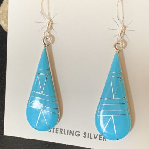 Navajo Blue Turquoise Inlay Dangle Drop Earrings | Sterling Silver | 1.5" | 13311
