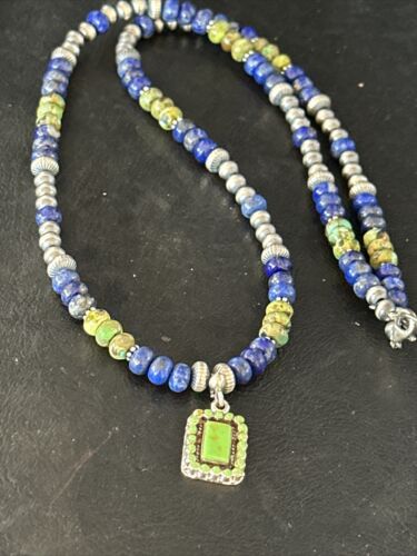 Navajo Green Turquoise and Lapis Pendant Necklace | Sterling Silver | Authentic Native American Handmade | 14634