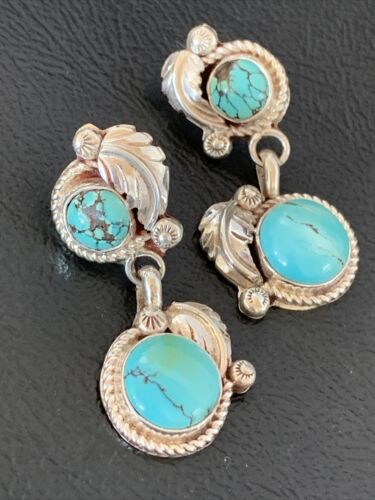 Handmade Navajo Spiderweb Turquoise Dangle Earrings | Sterling Silver Post | Authentic Native American | 1483