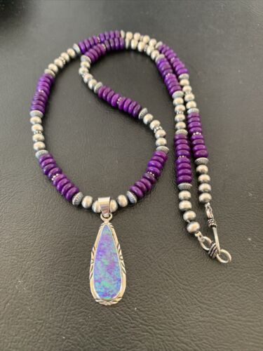 Navajo Purple Sugilite Necklace with Faux Opal Pendant | Sterling Silver | Authentic Native American Handmade | 01918
