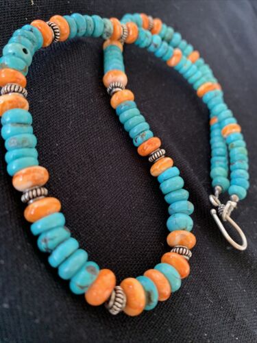 Navajo Blue Turquoise & Spiny Oyster Necklace | Sterling Silver | Authentic Native American Handmade | 18" | 1676