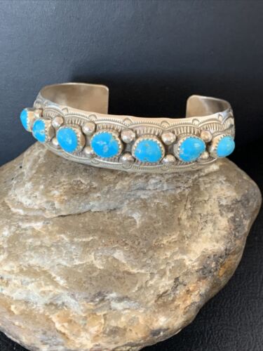 Navajo Kingman Turquoise Cuff Bracelet | Sterling Silver | Leaf Shape | 7 Stones | 12163 - Masha USA