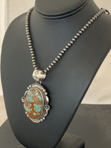 Men's Navajo Pearls Necklace Pendant | Sterling Silver | Blue Turquoise #8 | Authentic Native American Handmade | 00527