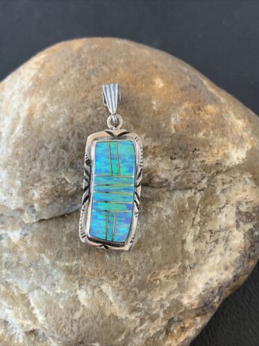 Authentic Native American Navajo Sterling Silver Pendant | Blue Faux Opal Inlay | 01480