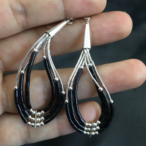 Handmade Liquid Sterling Silver Heishi Dangle Earrings | Black Onyx Tube | 2.25" | 2017