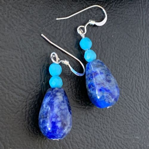 Navajo Lapis Lazuli Turquoise Bead Dangle Earrings | Sterling Silver | Authentic Native American Handmade | 1541