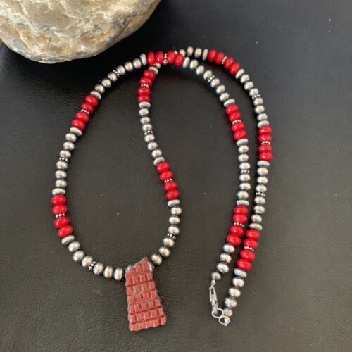Navajo Red Coral Corn Inlay Necklace Pendant | Sterling Silver | 21" | Authentic Native American Handmade | 12585 - Masha USA