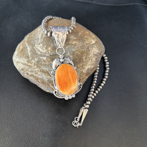 Navajo Pearls Necklace with Orange Spiny Oyster Pendant | Sterling Silver | Authentic Native American Handmade | 14723