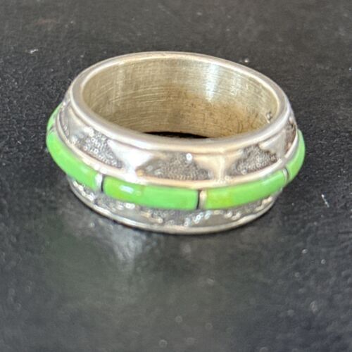 Navajo Green Gaspeite Inlay Eternity Band Ring | Sterling Silver | Sz 9.5 | Authentic Native American Handmade | 14548