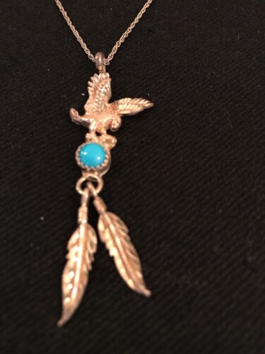 Sterling Silver Navajo Eagle Turquoise Feather Necklace Pendant 2.5" | Southwestern 17.5" | 3257