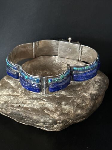 Native American Women's Blue Opal Lapis Inlay Link Bracelet | 7" | Sterling Silver | 14272