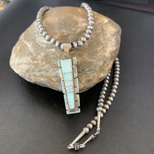 Navajo White Opal Inlay Pendant | Sterling Silver | 2" | Authentic Native American Handmade | 10917