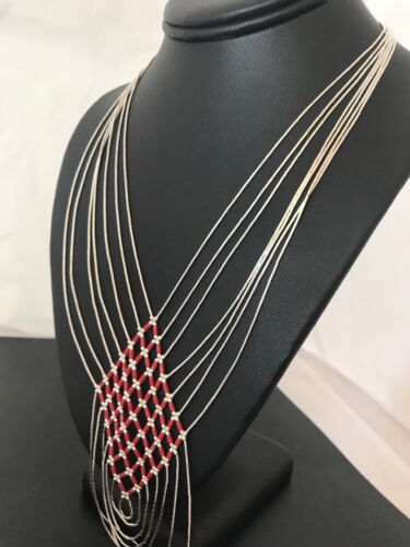 Southwestern Coral Heishi Necklace | 7 Strands Sterling Silver | Navajo | 3699
