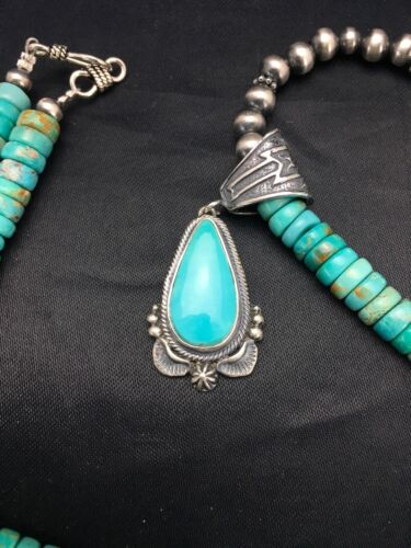 Navajo Blue Turquoise Pendant Necklace | Sterling Silver | Authentic Native American Handmade | 2641 - Masha USA