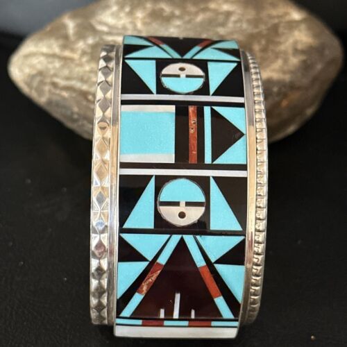 Zuni Sun Face Cuff Bracelet | Blue Turquoise & Coral Inlay | Sterling Silver | 14587