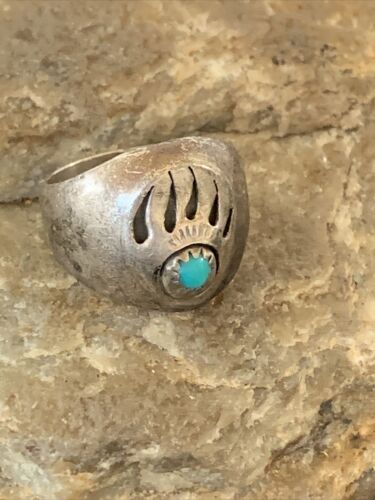 Native American Old Pawn Navajo Bear Paw Blue Turquoise Ring | Sterling Silver | Sz 6 | 2171