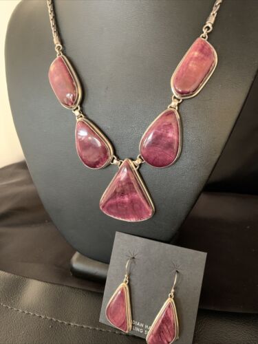 Navajo Purple Spiny Oyster Necklace Choker Earrings Set | Sterling Silver Pendant | 20" | Authentic Native American Handmade | 13792