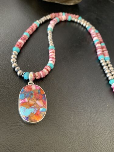 Navajo Pearl Sterling Silver Necklace with Turquoise and Purple Spiny Oyster Pendant | 13278