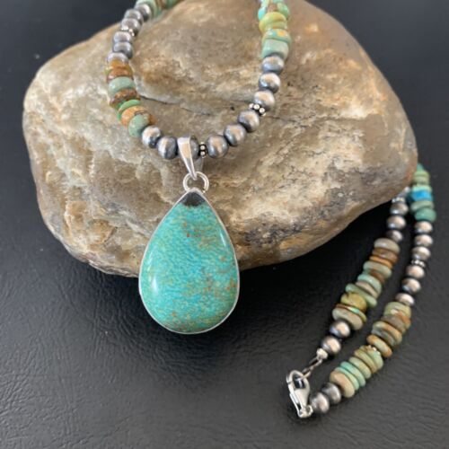 Navajo Royston Bead Green Turquoise Necklace Pendant | Sterling Silver | Authentic Native American Handmade | 11920