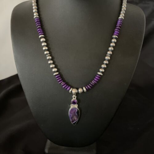 Navajo Pearls Necklace with Purple Sugilite Pendant | Sterling Silver | Multi-Stone | 11334