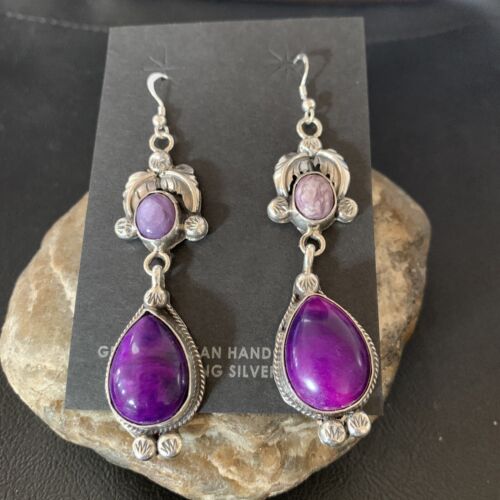 Navajo Purple Sugilite Dangle Earrings | Sterling Silver | 2" | Authentic Native American Handmade | 12881