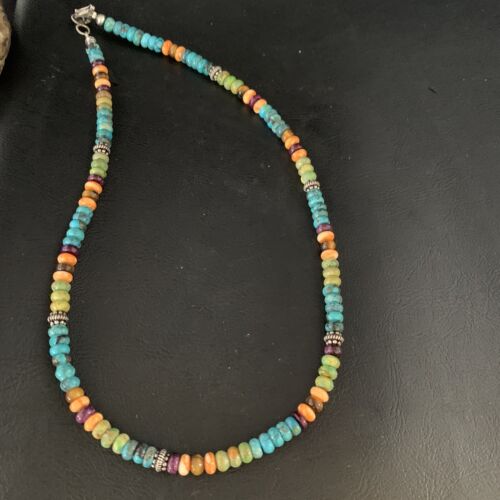 Navajo Blue Turquoise & Orange Spiny Oyster Necklace | Sterling Silver | 18" | 13433