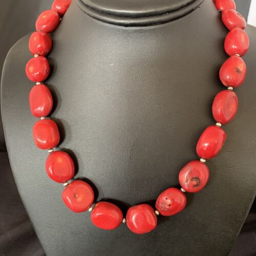 Native American Navajo Red Coral Bead Necklace | Sterling Silver | 18" | 13408