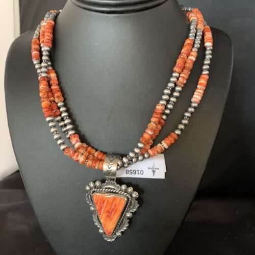 Navajo Red Spiny Oyster Pendant | Sterling Silver | Native American Pearls Necklace | Multi-Strand | 1658